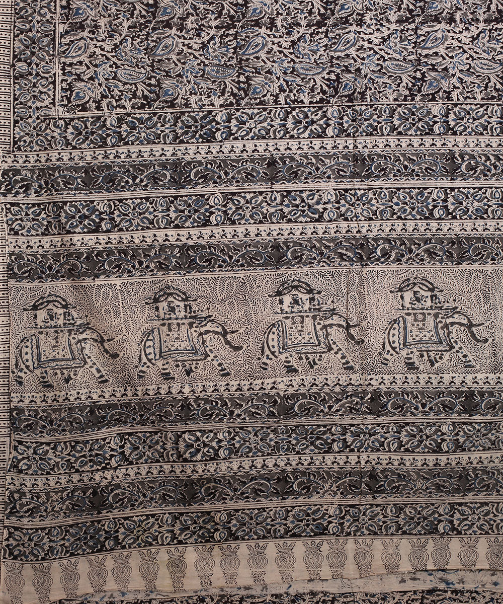 Multicolor blue hand block printed kalamkari cotton saree