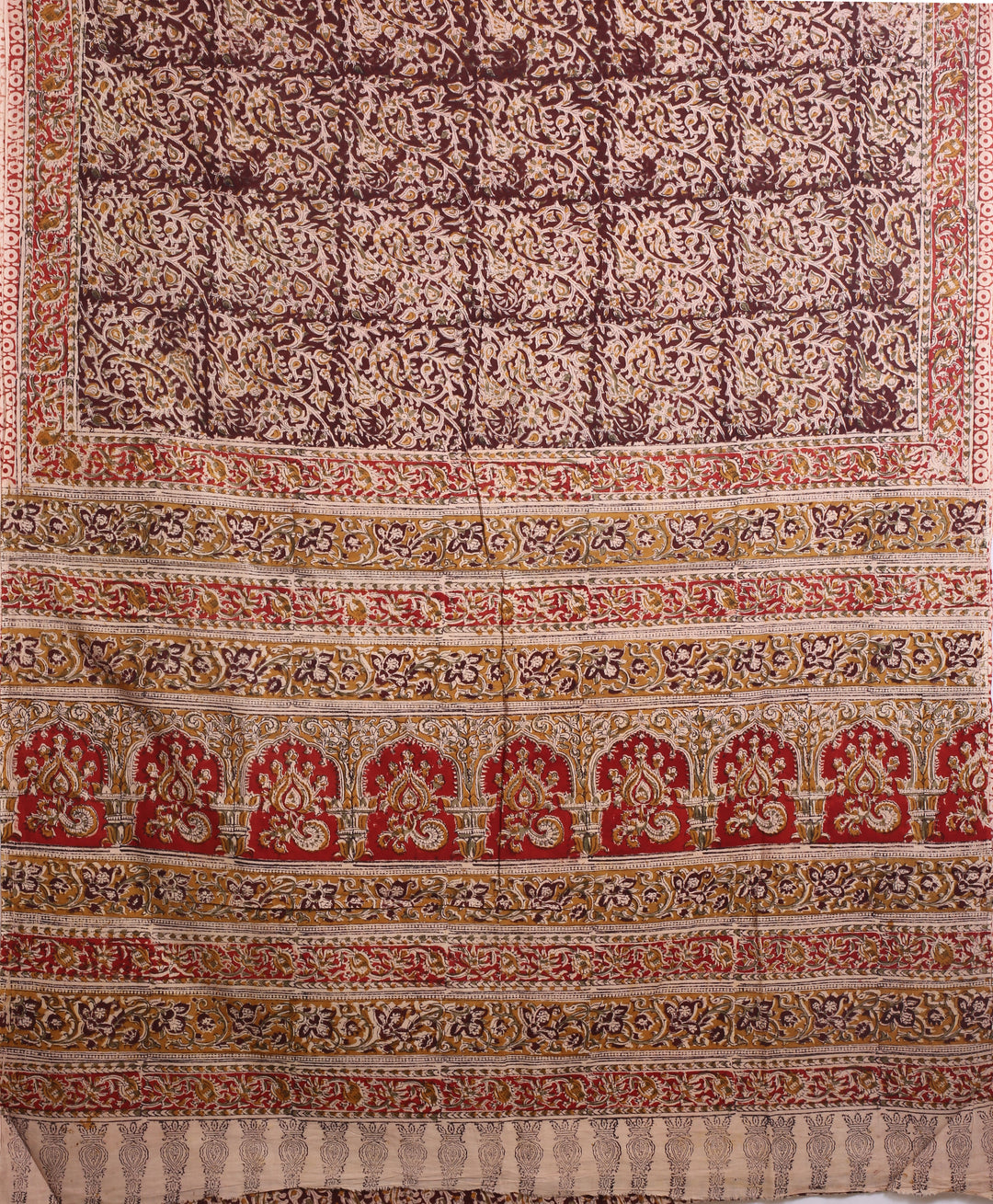 Red multicolor hand block printed kalamkari cotton saree