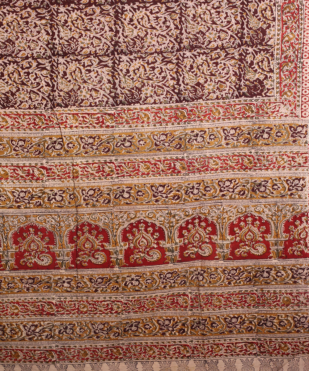 Red multicolor hand block printed kalamkari cotton saree