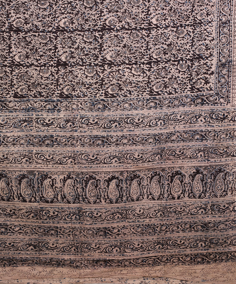 Blue multicolor hand block printed kalamkari cotton saree