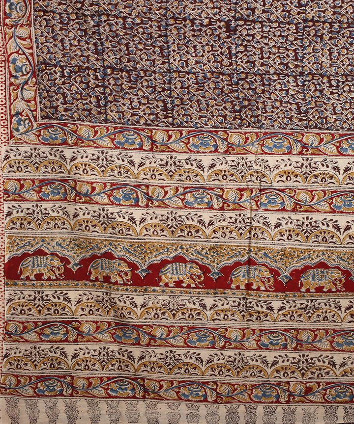 Red multicolor cotton hand block printed kalamkari saree