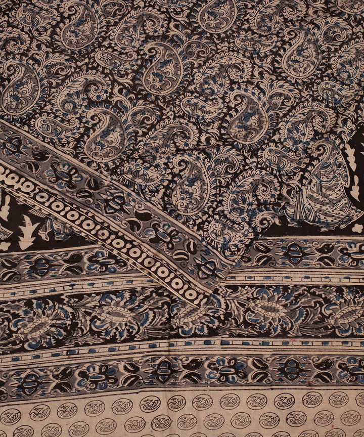 Multicolor black hand block printed kalamkari cotton saree