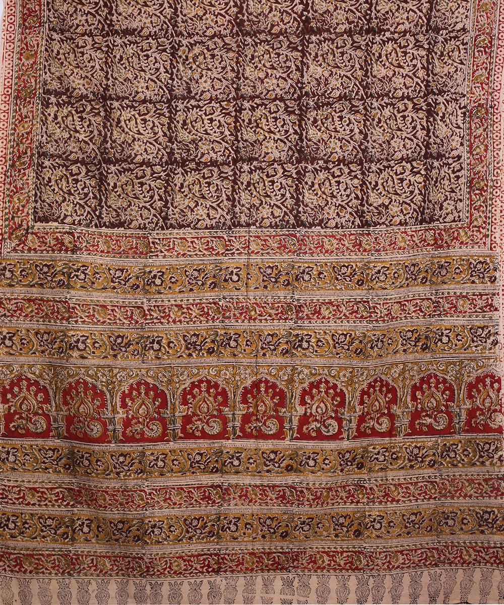 Multicolor red cotton hand block printed kalamkari saree