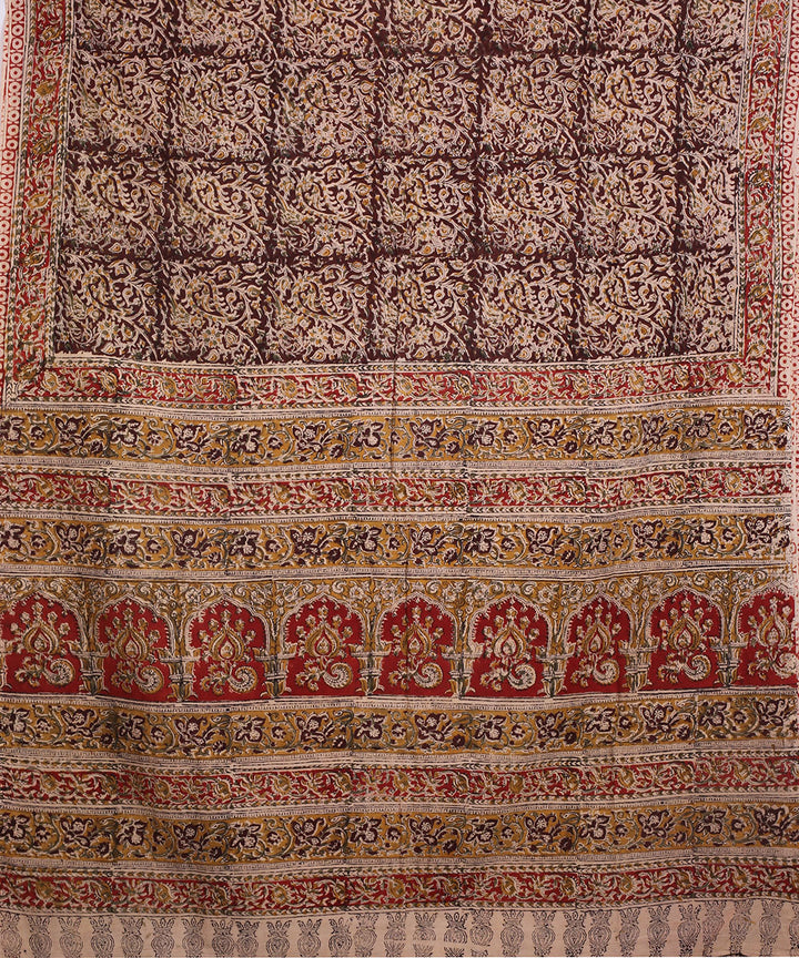 Multicolor red cotton hand block printed kalamkari saree