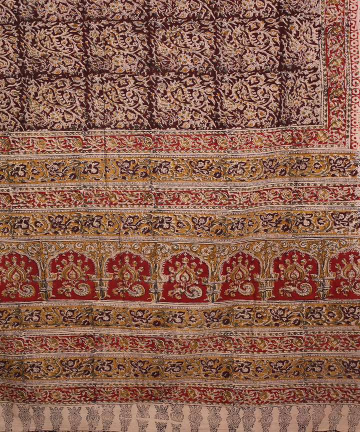 Multicolor red cotton hand block printed kalamkari saree