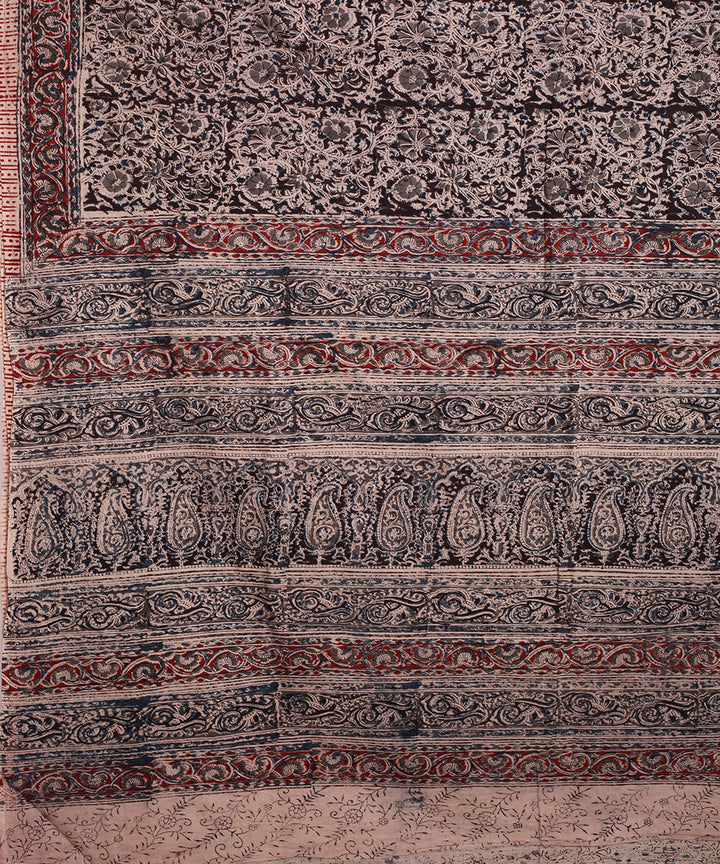 Multicolor red border hand block printed kalamkari cotton saree