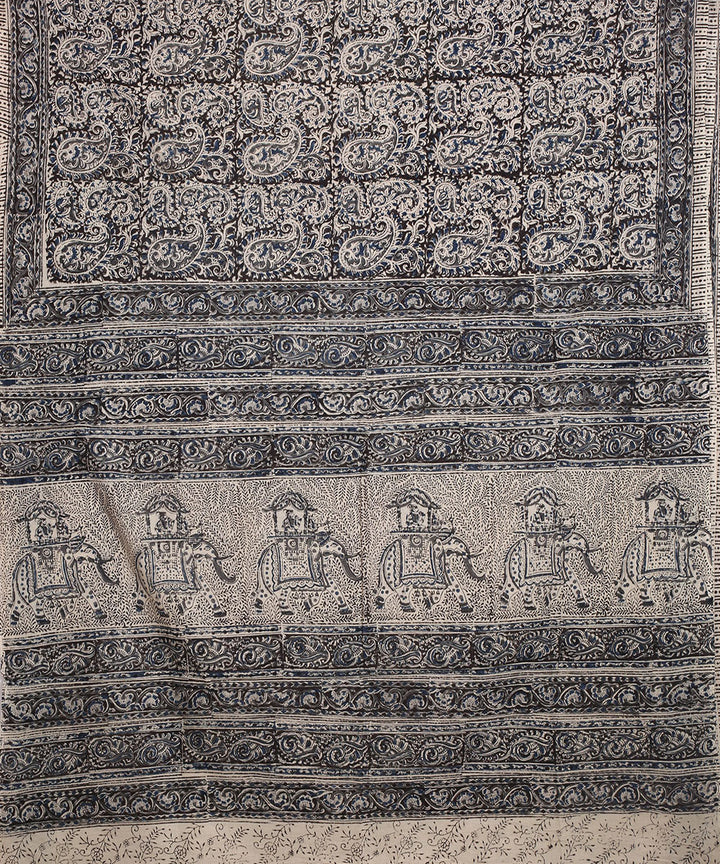 Beige multicolor hand block printed kalamkari cotton saree