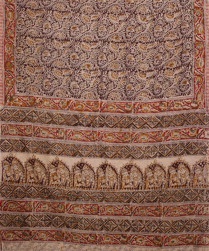 Multicolor brown hand block printed kalamkari cotton saree