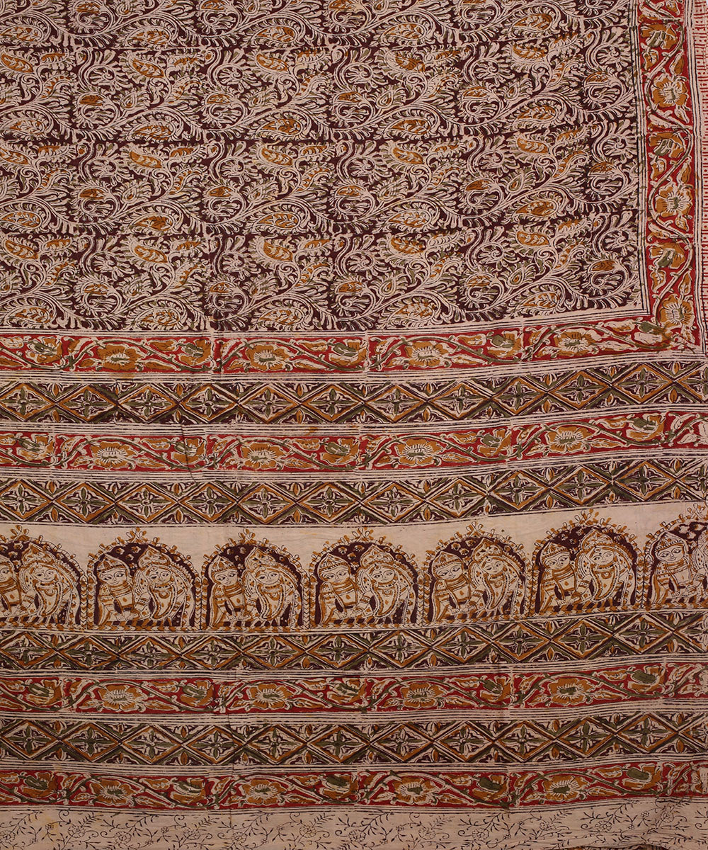 Multicolor brown hand block printed kalamkari cotton saree