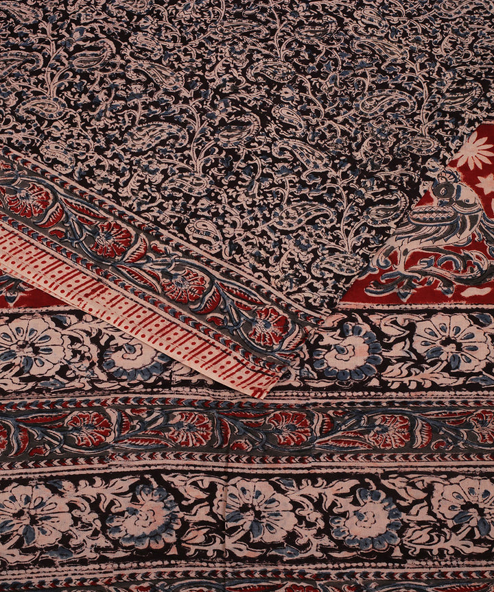 Red blue hand block printed kalamkari cotton saree