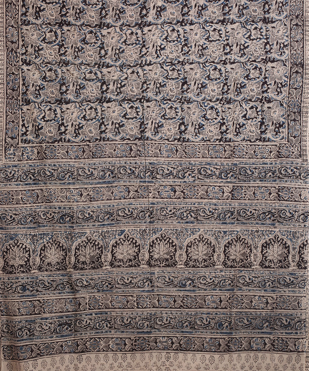 Blue beige hand block printed kalamkari cotton saree