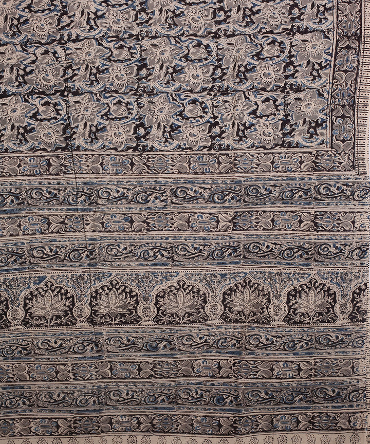 Blue beige hand block printed kalamkari cotton saree