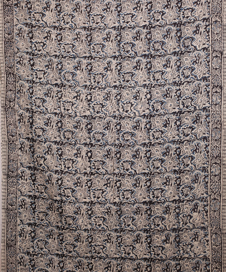 Blue beige hand block printed kalamkari cotton saree