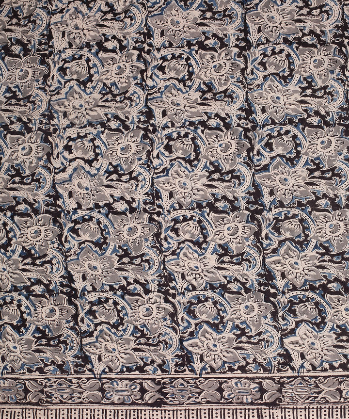 Blue beige hand block printed kalamkari cotton saree