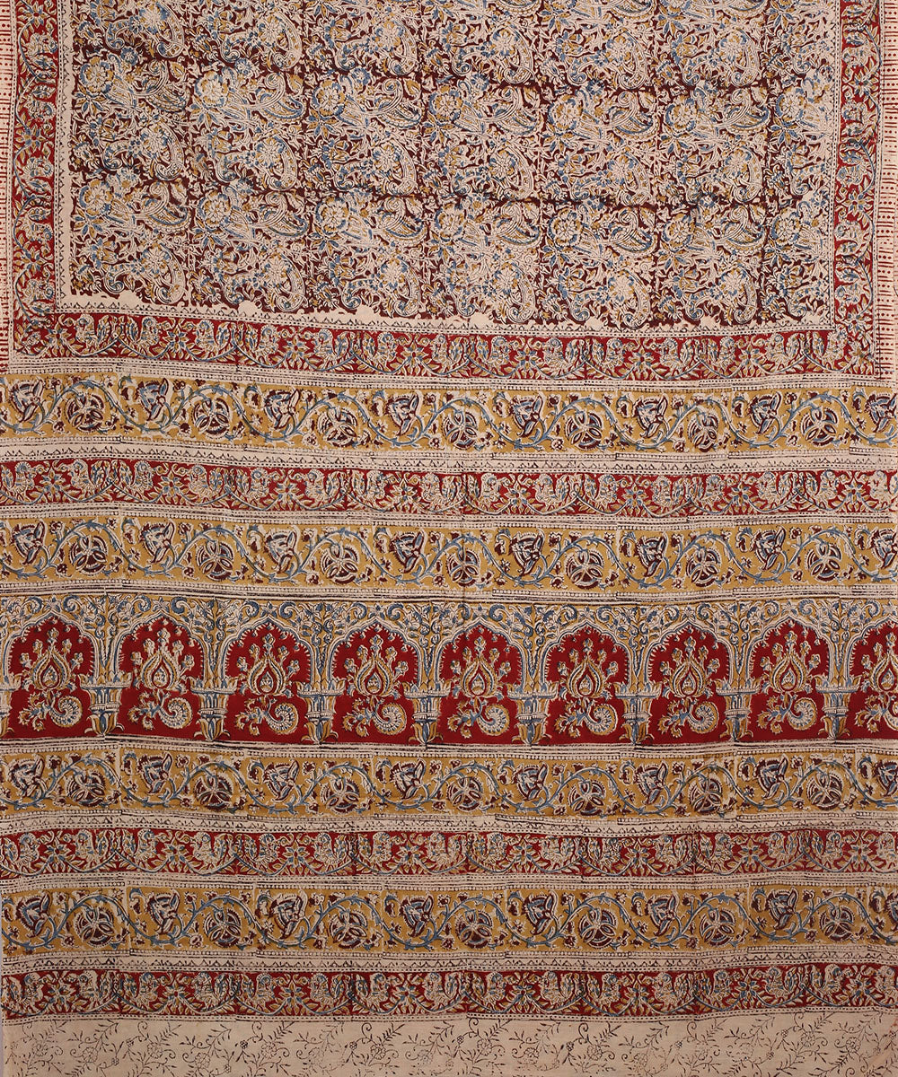 Red beige hand block printed kalamkari cotton saree