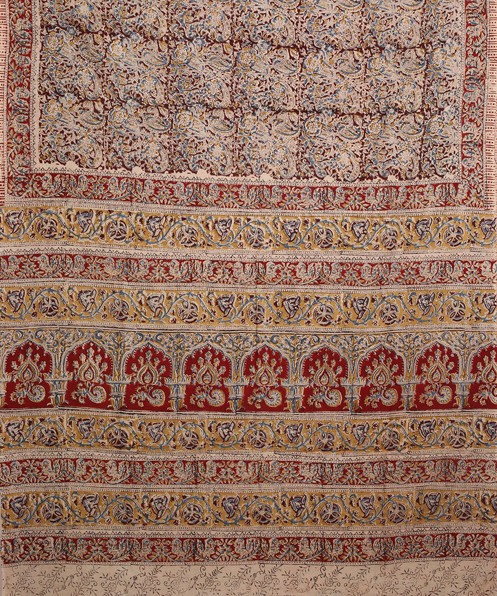 Red beige hand block printed kalamkari cotton saree