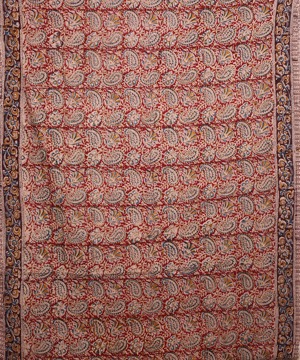 Red beige hand block print kalamkari cotton saree