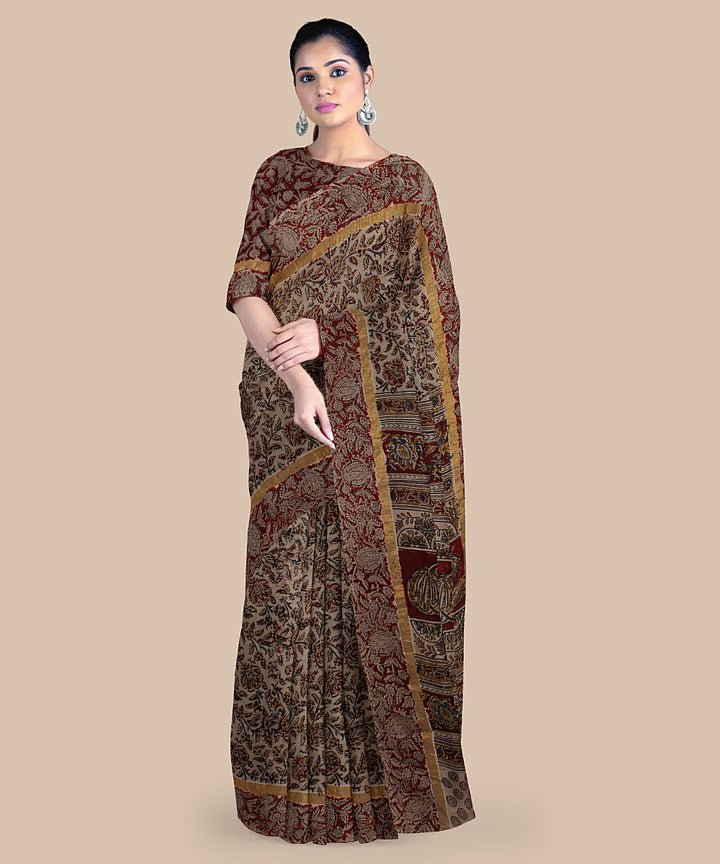 Multicolor maroon hand printed art silk kalamkari saree