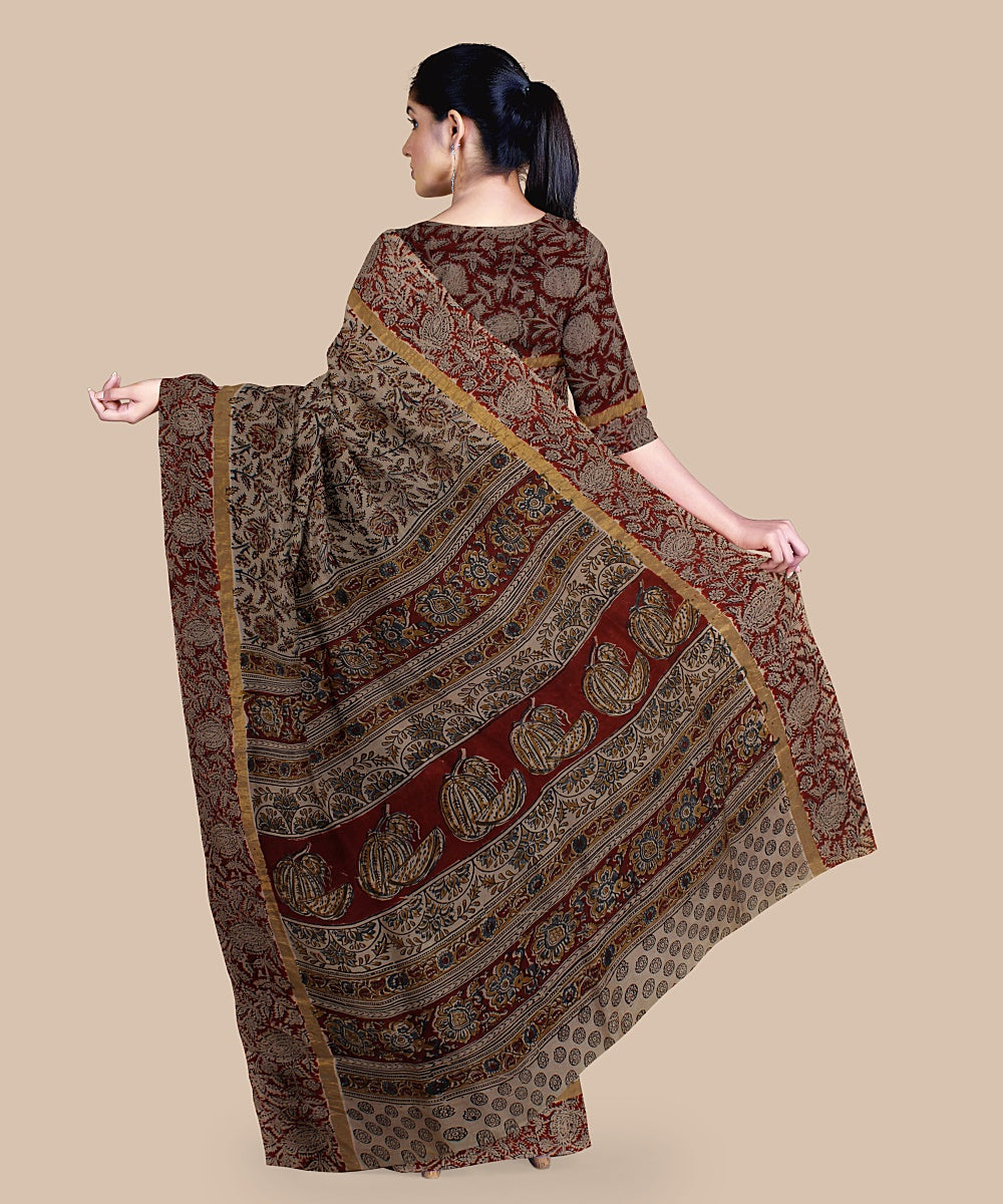 Multicolor maroon hand printed art silk kalamkari saree