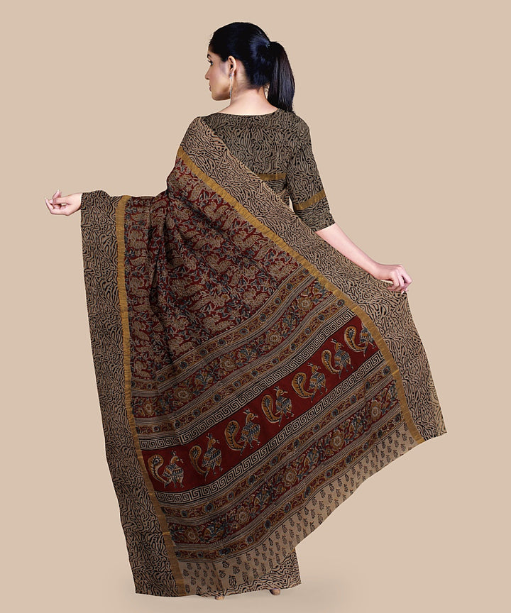 Multicolor maroon kalamkari hand printed art silk saree