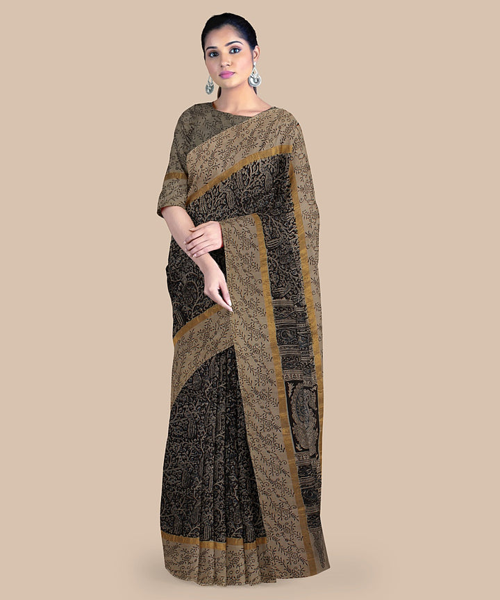 Grey black hand printed kalamkari art silk saree