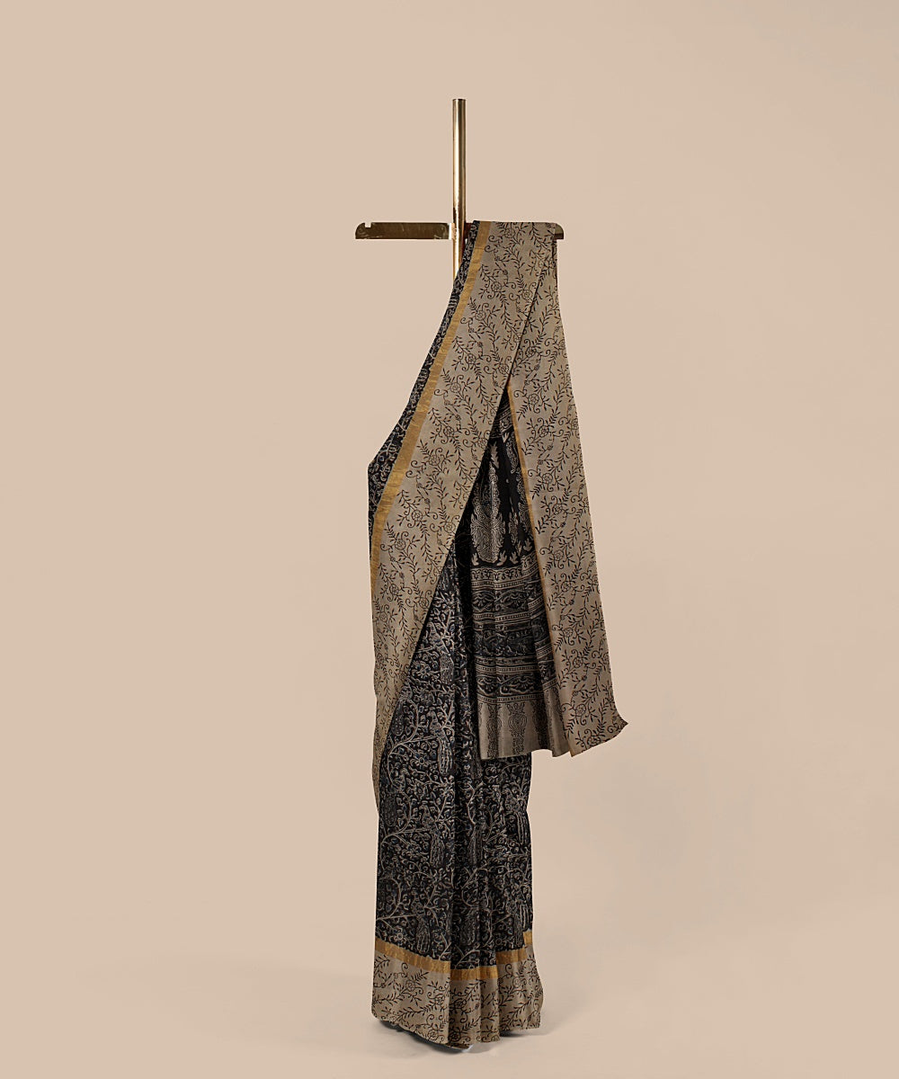 Grey black hand printed kalamkari art silk saree