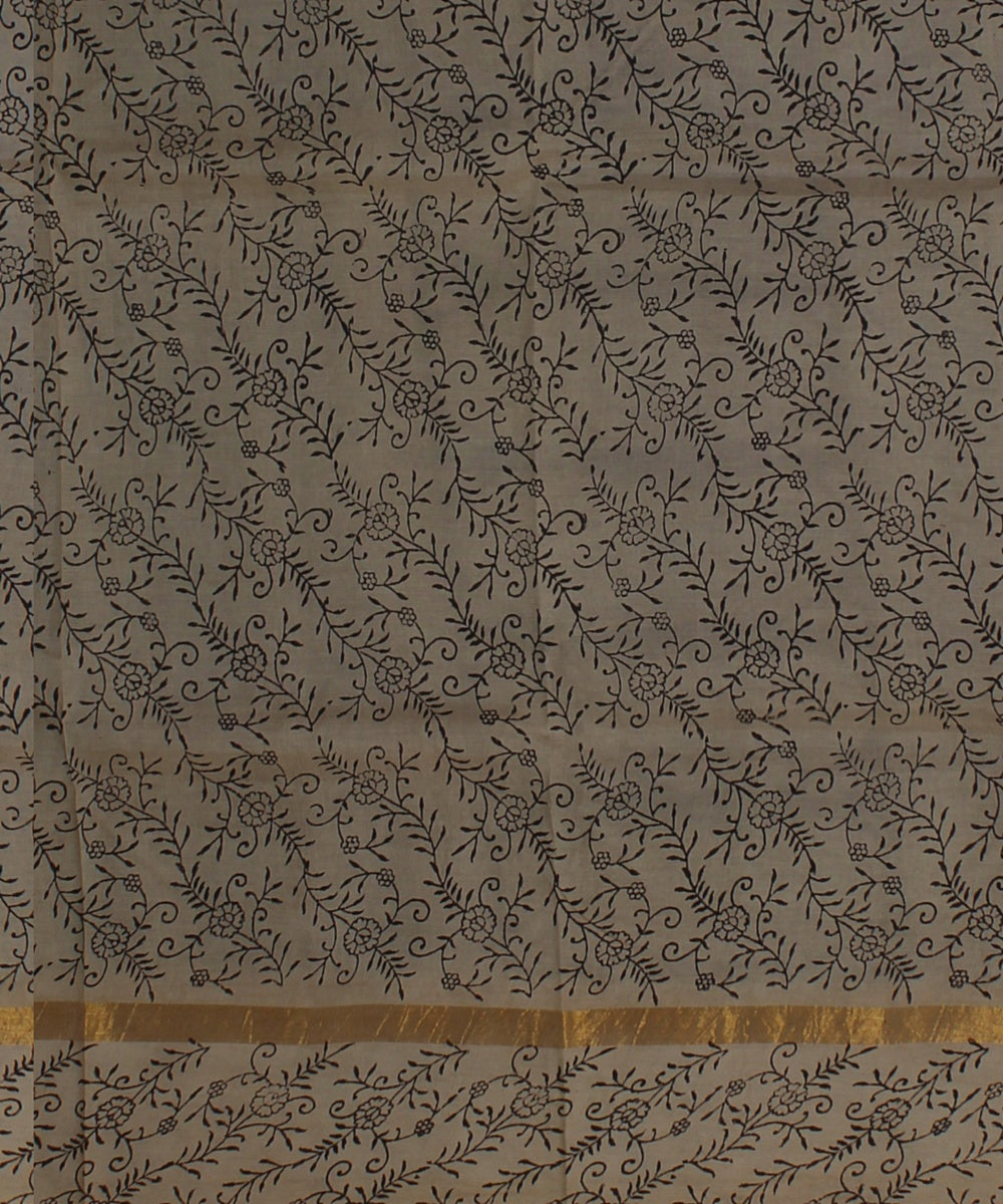 Grey black hand printed kalamkari art silk saree