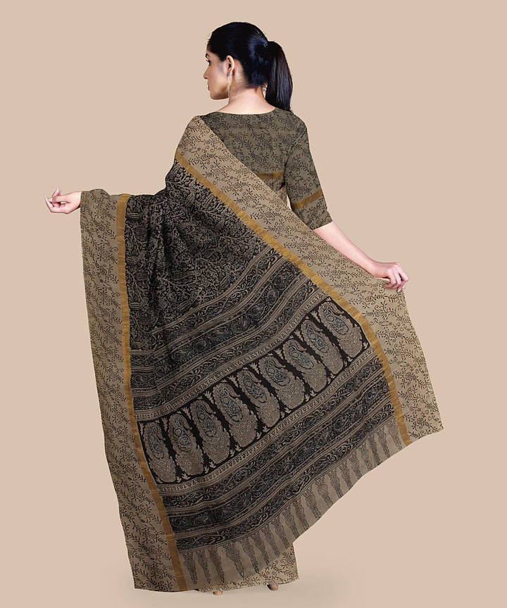 Grey black hand printed kalamkari art silk saree