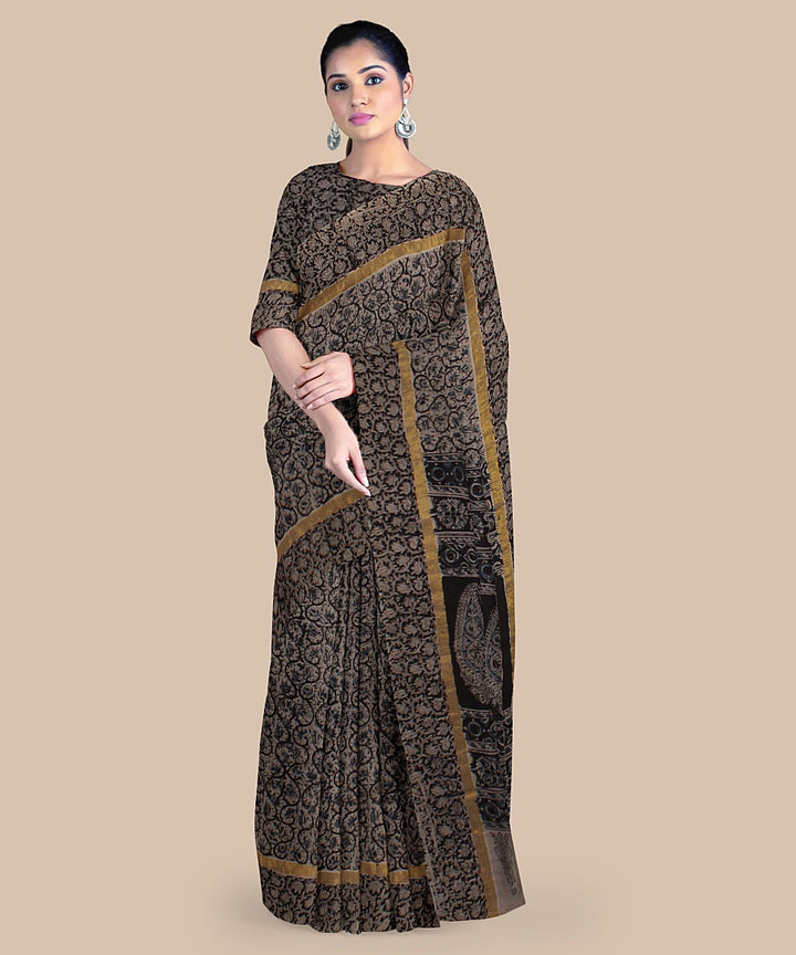 Grey black block printed kalamkari art silk saree