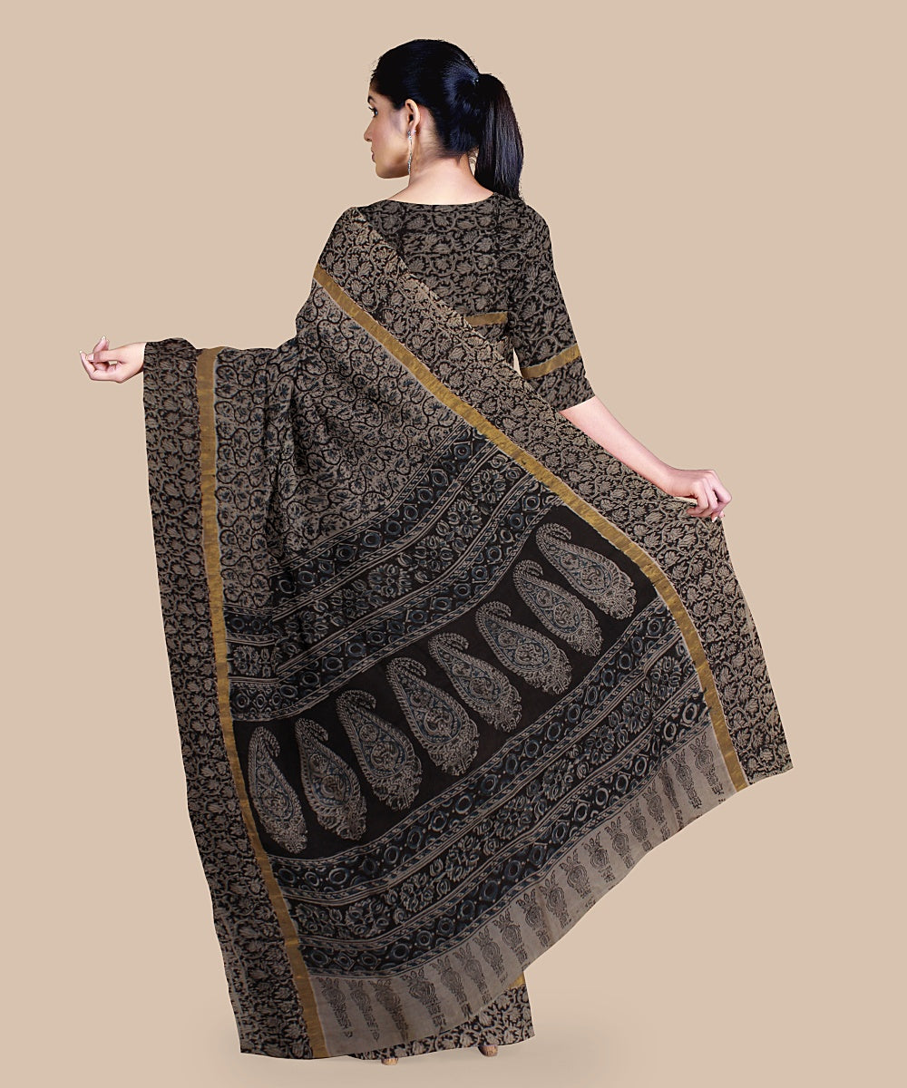 Grey black block printed kalamkari art silk saree