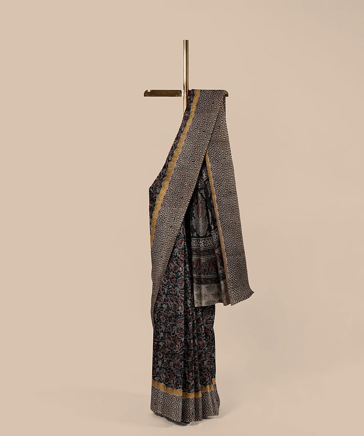 Grey hand printed kalamkari art silk saree