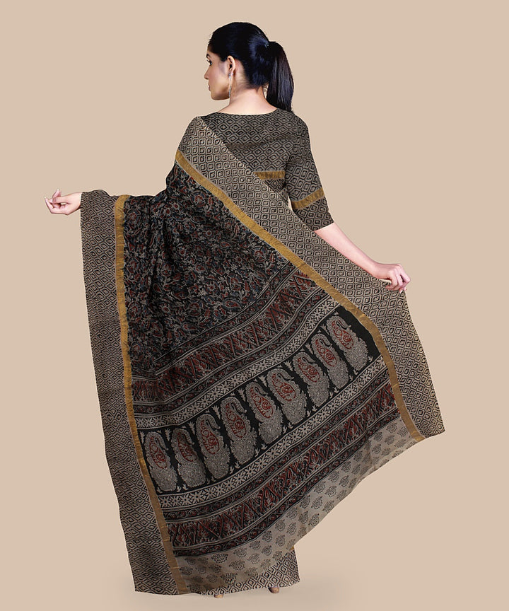 Grey hand printed kalamkari art silk saree