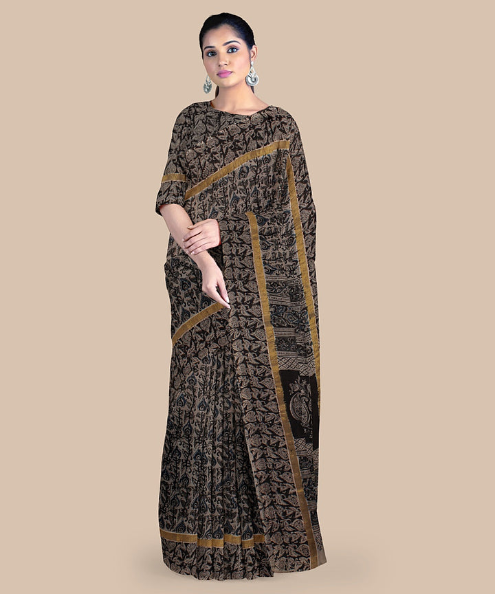 Grey black hand block printed kalamkari art silk saree