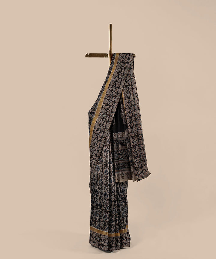 Grey black hand block printed kalamkari art silk saree