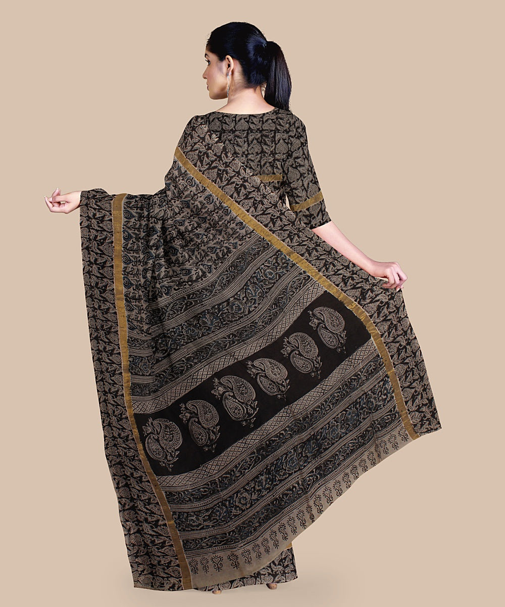 Grey black hand block printed kalamkari art silk saree