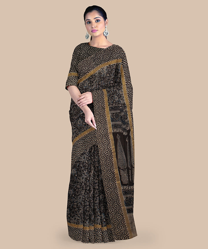 Grey black kalamkari hand printed art silk saree