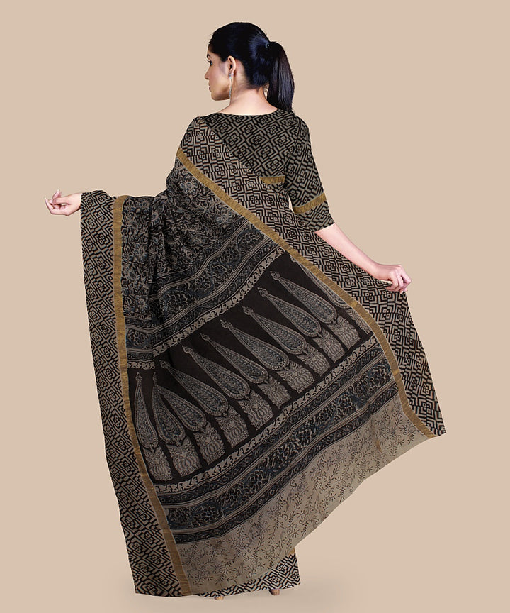 Grey black kalamkari hand printed art silk saree