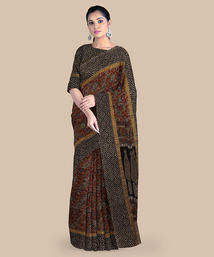 Multicolor block printed kalamkari art silk saree