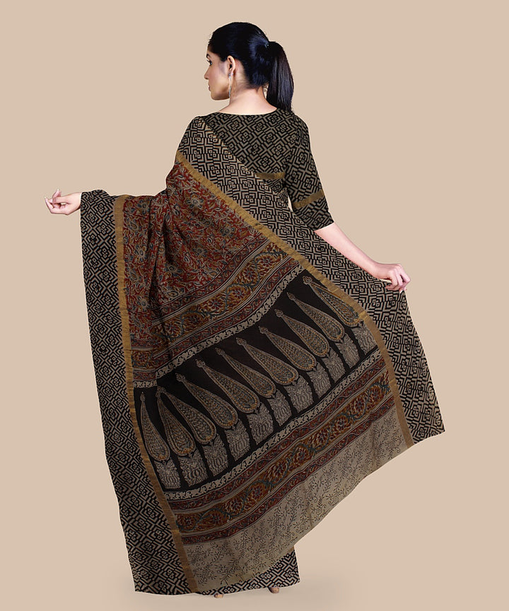 Multicolor block printed kalamkari art silk saree