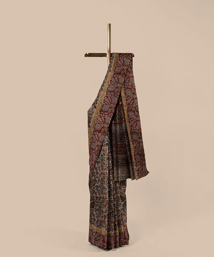 Multicolor maroon hand printed kalamkari art silk saree