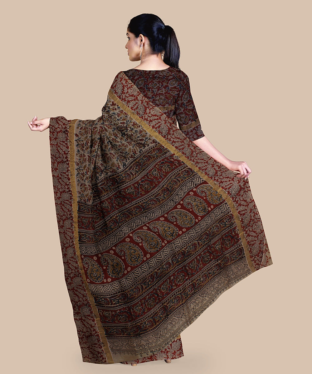 Multicolor maroon hand printed kalamkari art silk saree