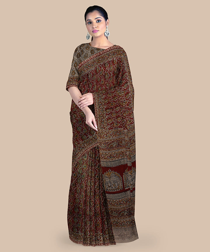 Maroon hand printed kalamkari art silk saree