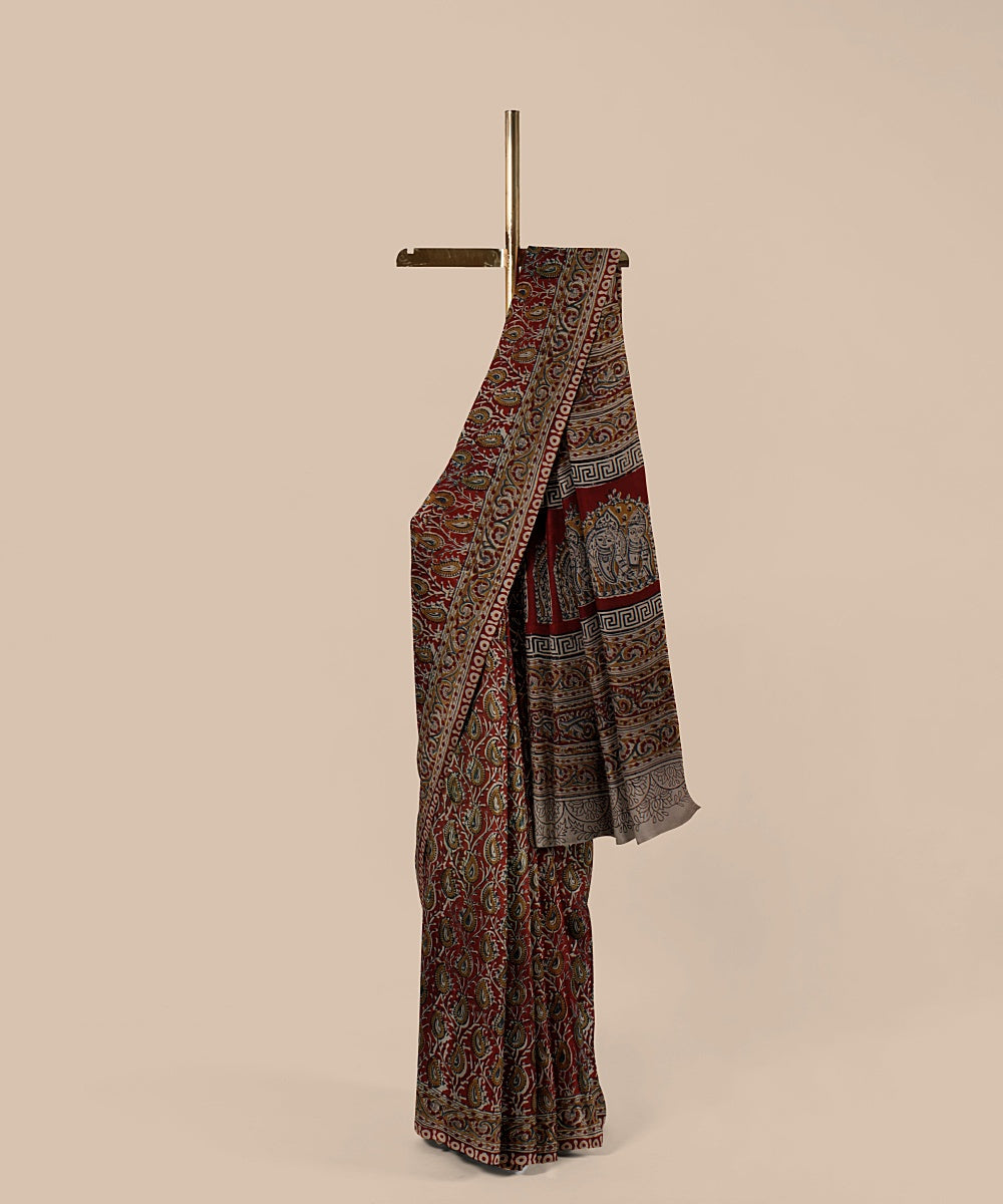 Maroon hand printed kalamkari art silk saree