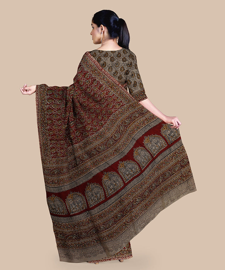 Maroon hand printed kalamkari art silk saree