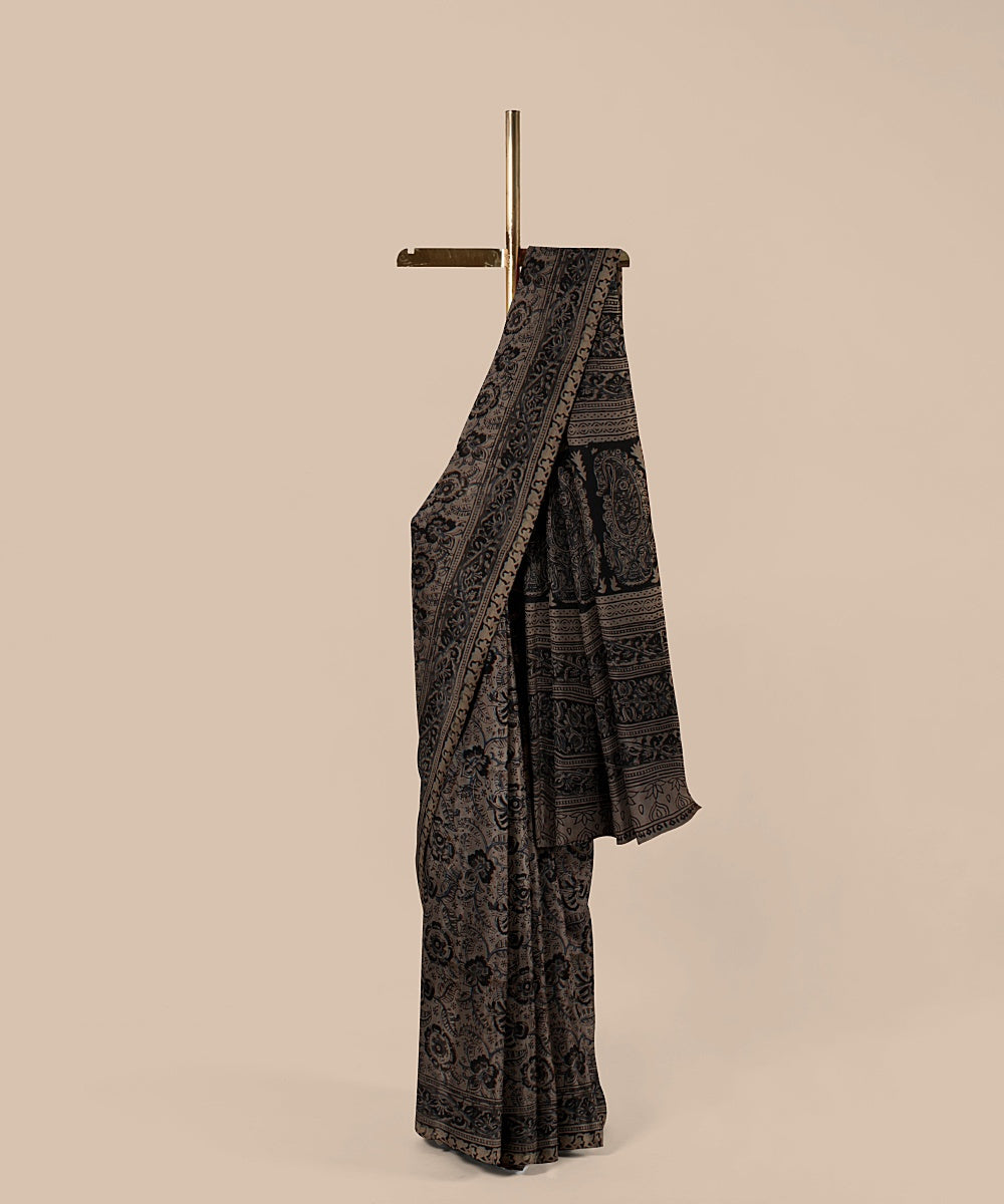 Grey kalamkari hand printed art silk saree