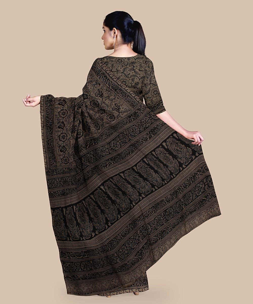 Grey kalamkari hand printed art silk saree