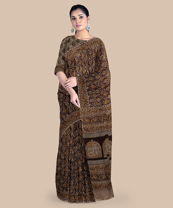 Black yellow hand printed kalamkari art silk saree