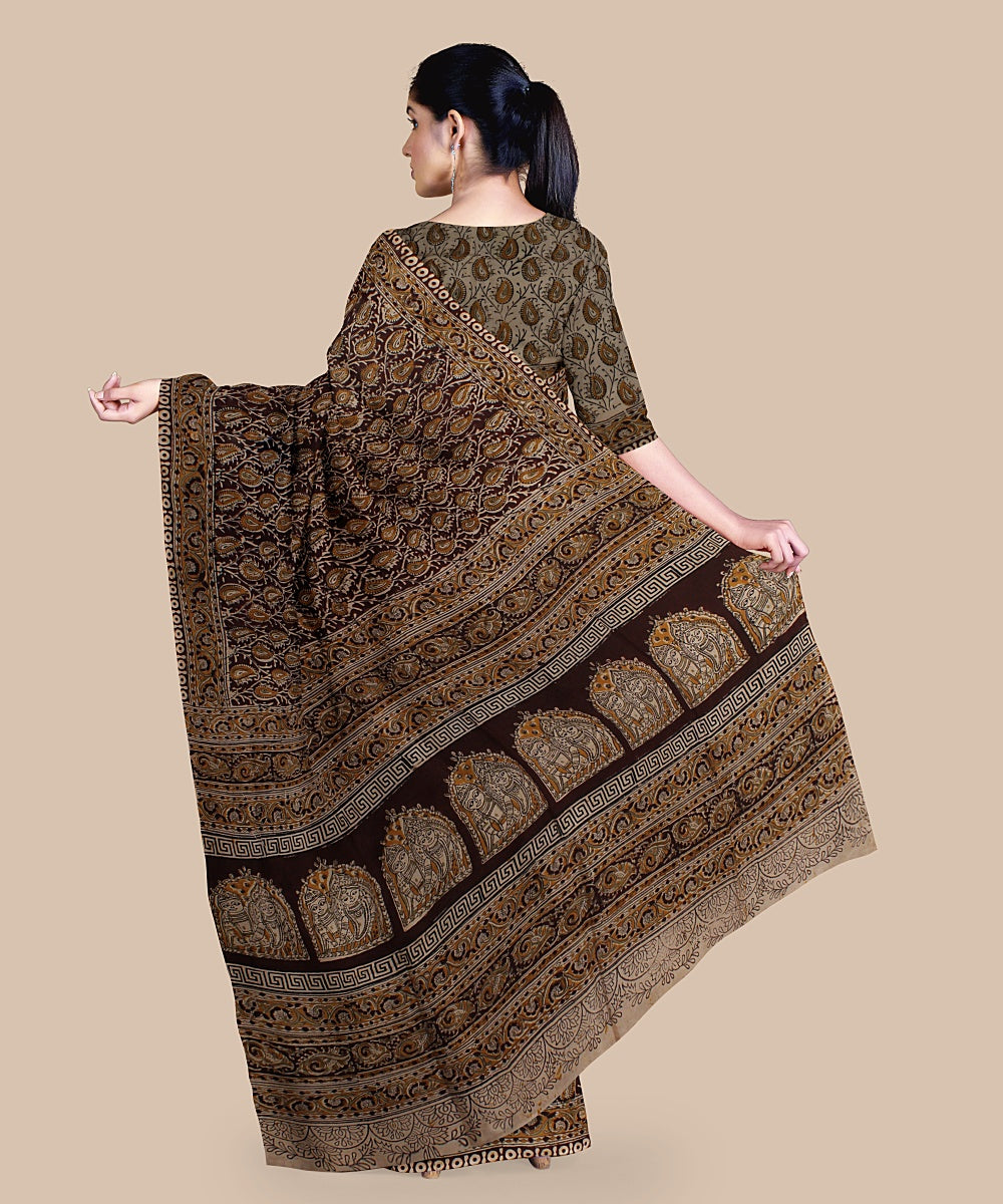 Black yellow hand printed kalamkari art silk saree