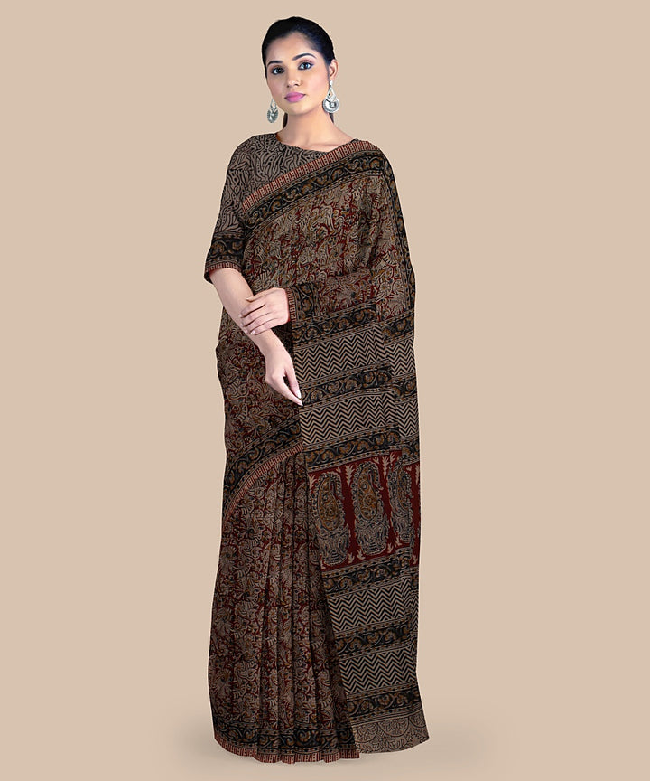 Multicolor maroon printed art silk kalamkari saree