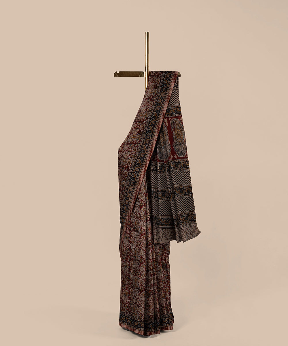 Multicolor maroon printed art silk kalamkari saree